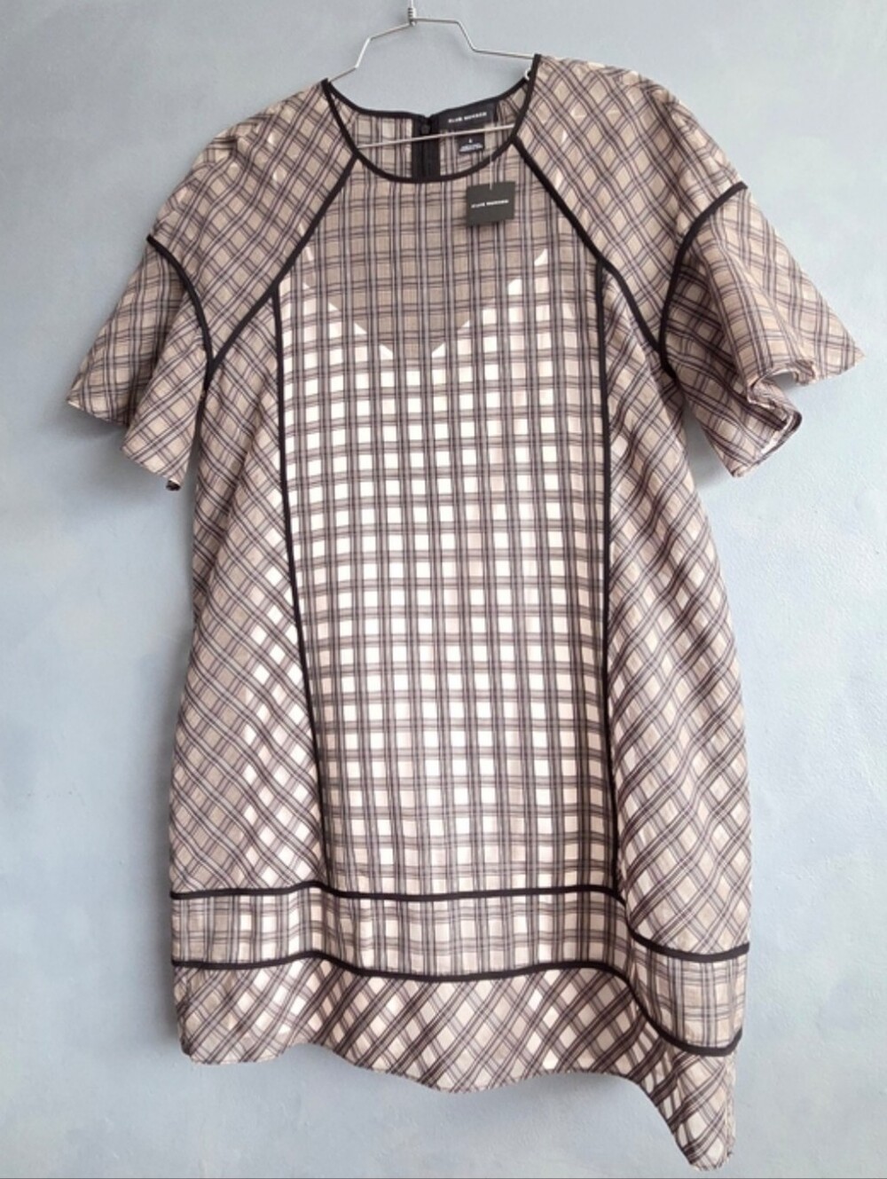 CLUB MONACO BLACK, TAUPE, CREAM, COTTON, SILK CHECK SWING DRESS, SIZE US 6